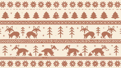 Whimsical forest creatures pattern with foxes and trees in earthy tones