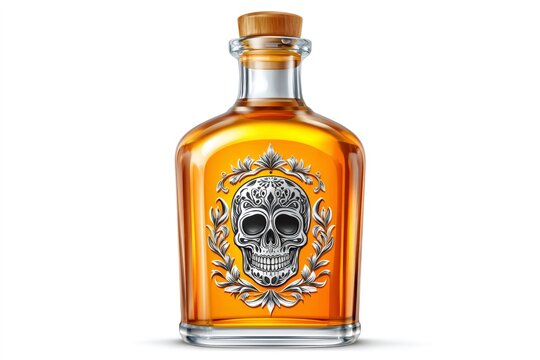 Decorative calavera skull bottle with golden liquor