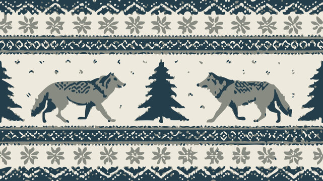 Winter wonderland scene with wolves and trees in snow