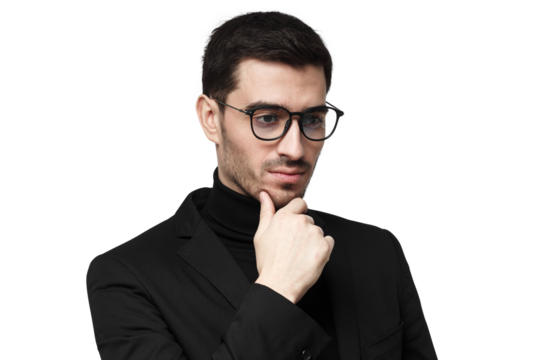 Thoughtful businessman in black suit and turtleneck with glasses touching chin in pensive pose - Powered by Adobe
