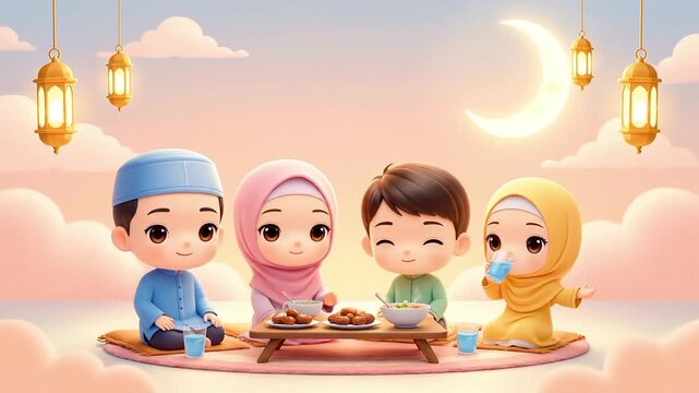 Four adorable chibi Muslim children sharing a meal during a festive evening with lanterns and a crescent moon, celebrating Ramadan or Eid.