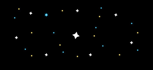 Starry Night Sky With colorful stars and sparkles White, Blue, and Yellow Stars on a Black Background.