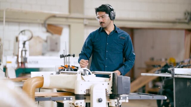 Skilled male worker in protective gear using a jointer machine to smooth a wooden plank. Industrial woodworking and furniture making process