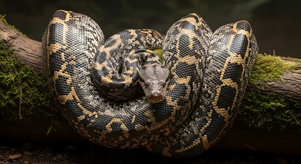 Fototapeta premium Reticulated Python (Malayopython reticulatus) coiled on a mossy
