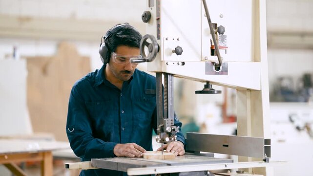 Skilled male worker in a workshop operating a bandsaw. Concentrated woodworker wearing safety gear while cutting a wooden board with precision