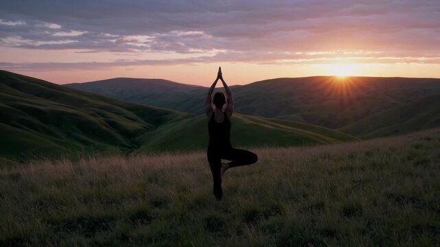 Yoga practice on serene hillside. Individual performs tree pose during sunset. Tranquil atmosphere inspires mindfulness and relaxation in nature.
