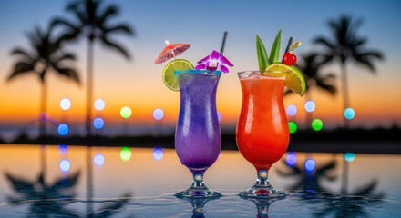 Tropical sunset cocktails refreshing drinks palm trees coastal ambiance at dusk