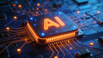 AI illuminated circuit board, glowing orange technology background, artificial intelligence chip, future innovation, dark abstract backdrop.