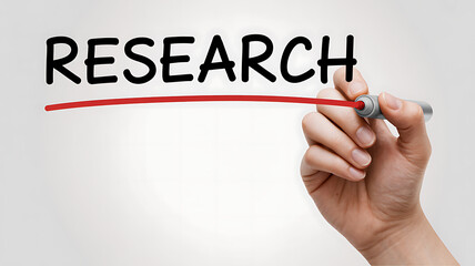 Hand writing and underlining the word Research with a marker on a white background, science and investigation concept.