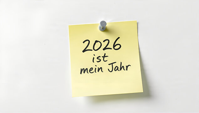 Silvester Neujahr Gru&szlig;karte, Karte mit deutschem Text - Notizzettel mit Pinnadel und Text: 2026 ist mein Jahr, isoliert auf leuchtend gelbem Hintergrund