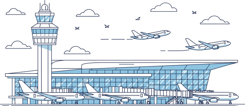 Airport terminal vector illustration with airplanes, jet bridges, and control tower for travel, aviation, and transportation-themed design use.