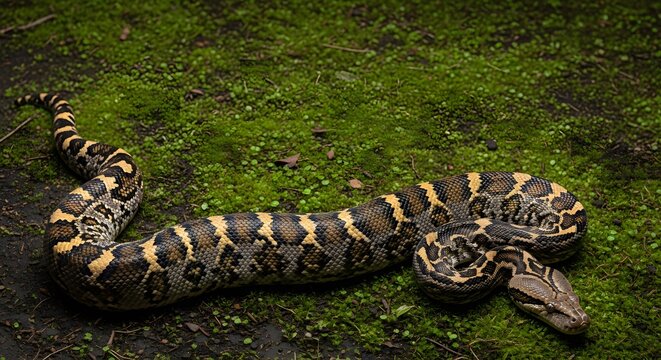 Reticulated Python (Malayopython reticulatus) lying coiled on da