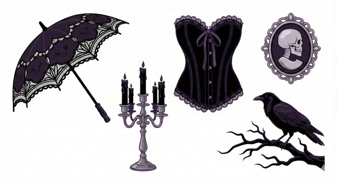 Gothic style accessories and symbols in a vintage aesthetic
