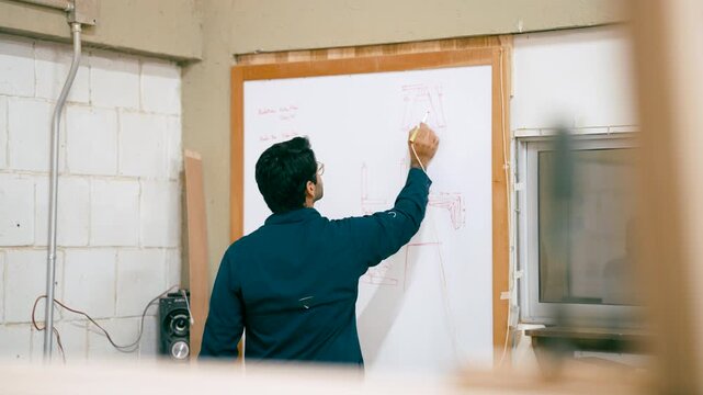 Back view of a young male carpenter drawing a detailed technical plan on a whiteboard in his workshop. Creative process and design thinking