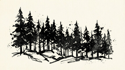 Obraz premium Minimalist black ink painting of a dense pine forest