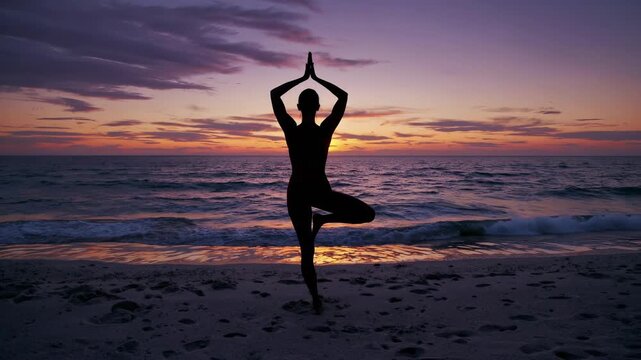 Yoga practice at sunset beach. Silhouette of person performs tree pose, embracing tranquility and mindfulness. Serene atmosphere encourages relaxation and inner peace.