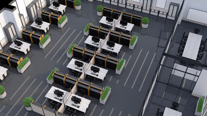 Top view of modern office with meeting rooms, modular workstations, partitions, glass walls, shelving and cabinets, planters with green plants. 3d illustration isolated on black