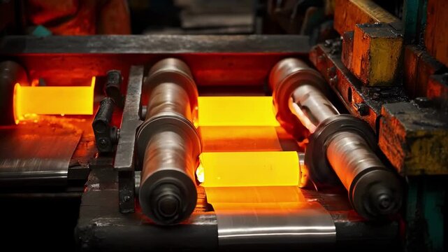 Closeup of aluminum sheet undergoing hot rolling process glowing metal softening under heavy industrial rollers for precise shaping.