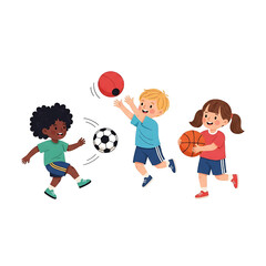 Children playing various sports like soccer, basketball, and catch with balls