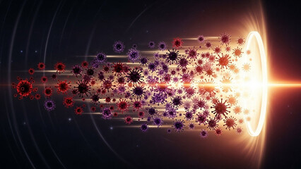 Abstract virus particles fading away from a bright shield, immunity symbolism.