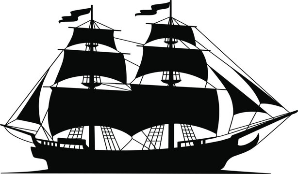 Vintage sailing ship vector silhouette with detailed masts and sails isolated on white background for nautical design
