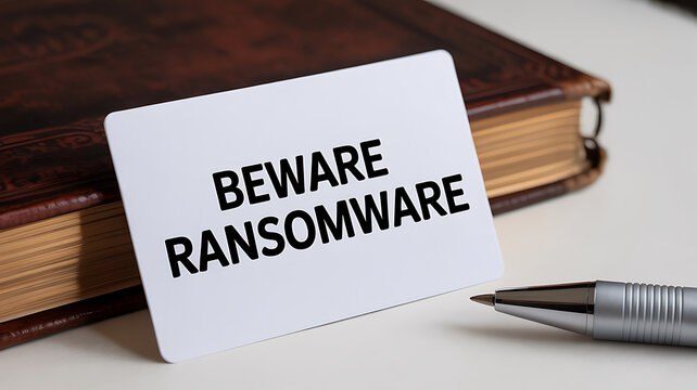 Beware Ransomware warning message on a white card with a leather book and pen, cybersecurity and data protection concept. - Powered by Adobe