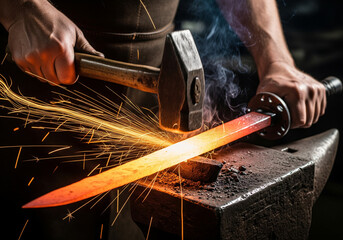 Blacksmith forging glowing hot steel sword with hammer on anvil with sparks in workshop