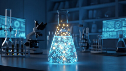 Laboratory flask emitting gentle light with medical particles inside.