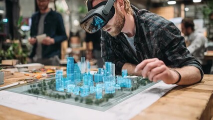 Medium shot of a designer using a virtual reality headset to collaboratively adjust a 3D architectural model with a team in a modern workspace.