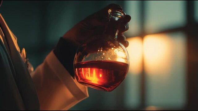 cientist carefully examines a glass flask filled with glowing red liquid