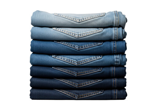 Stack of seven precisely folded blue denim jeans displaying a rich wash gradient from indigo to pale stonewash, isolated on a pure white background, concept of premium retail fabric display