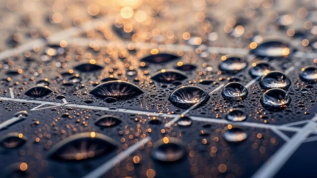 Water droplets on solar panel surface creating beautiful reflections and refractions with bokeh lights in background capturing concept of clean energy and sustainability at sunrise or sunset.