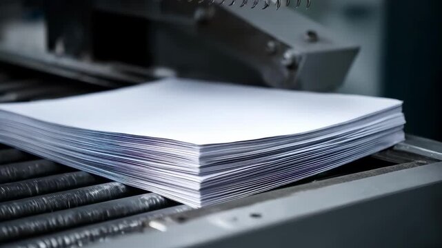 Medium shot capturing a guillotinestyle edge trimmer slicing through paper sheets with sharp clean cuts emphasizing efficiency and accuracy in finishing processes