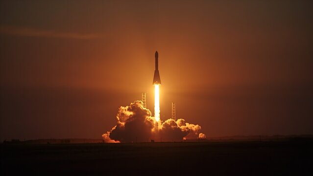 A rocket launching into the sky with a bright flame and smoke