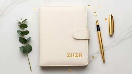Elegant cream-colored planner with '2026' embossed, next to a golden pen and eucalyptus branch, symbolizing future planning and organization.
