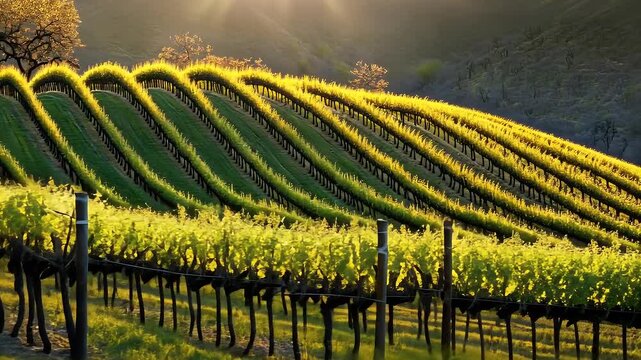 Lush Vineyard Rows Bathed in Golden Sunlight During Early Evening on Rolling Hills