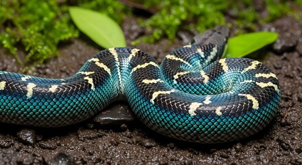 Obraz premium Close-up of Rainbow Boa coiled on wet ground with green plants