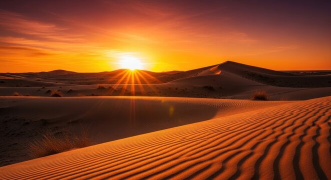 Golden sunset over the vast desert landscape with rolling sand dunes - Powered by Adobe