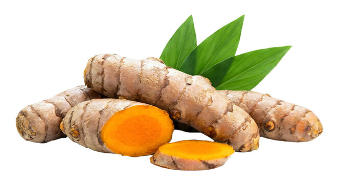 Fresh turmeric root with green leaves and sliced turmeric pieces on a transparent background