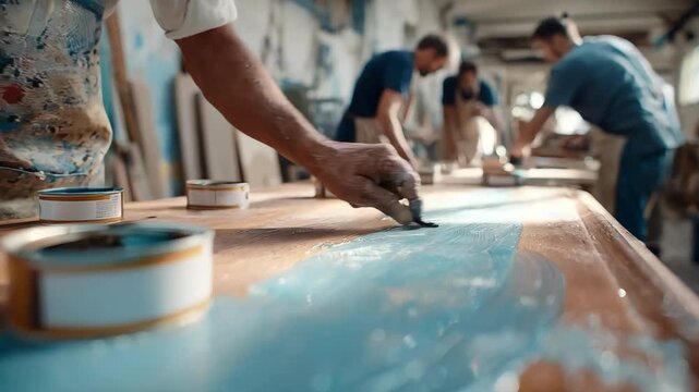 Medium shot of artisans applying ecofriendly low VOC paint on wooden furniture in a bright workshop highlighting sustainable preservation methods in interior design