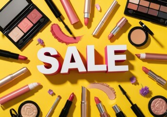 Makeup sale announcement vibrant yellow background featuring assorted beauty products
