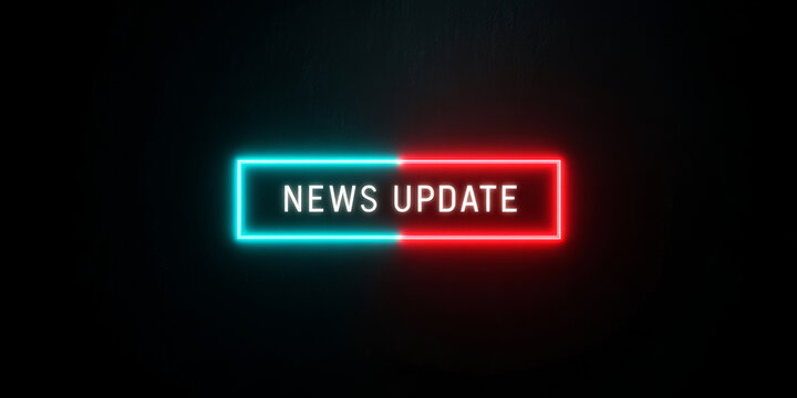 Neon news update bar glowing in cyan and red, displaying important information and urgent announcements