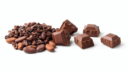 Cocoa nibs with chocolate chunks isolated, minimalist advertising layout