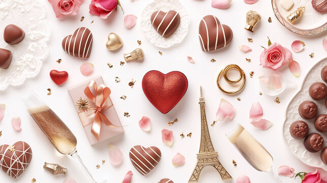 チョコ、花、アクセサリーが散りばめられている
