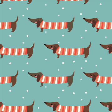 Seamless winter pattern with dogs on blue background. 