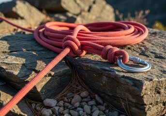 Coiled climbing rope with a carabiner on a rocky surface outdoors