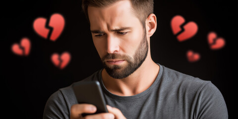 Young man feeling heartbroken checking smartphone, receiving bad news, sadness, broken hearts floating in background