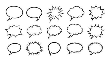 Collection of various comic book style speech bubbles and thought clouds