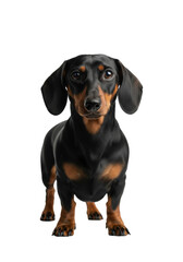 Obraz premium A purebred, black and tan smooth-haired dachshund stands alert in a high-key studio, glossy coat highlighted against the seamless white background, intense eye contact, pet care advertising concept