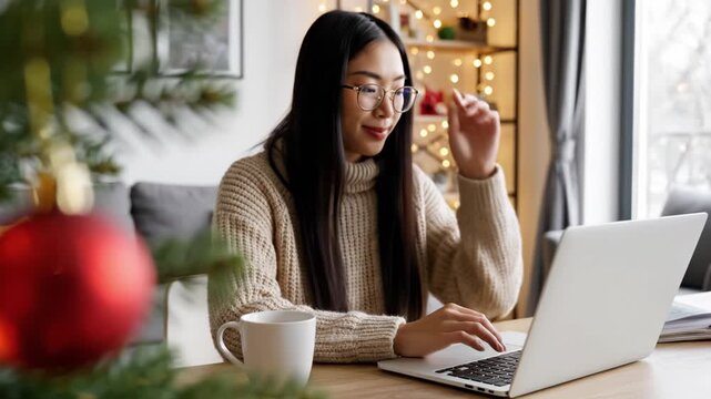 Happy Asian woman in glasses typing on laptop at desk with Christmas tree in foreground. Concept of remote work, online shopping or greeting friends during winter holidays.